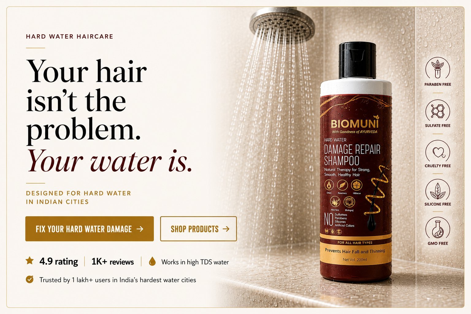Your hair isn't the problem. Your water is. — BioMuni Hard Water Damage Repair Shampoo
